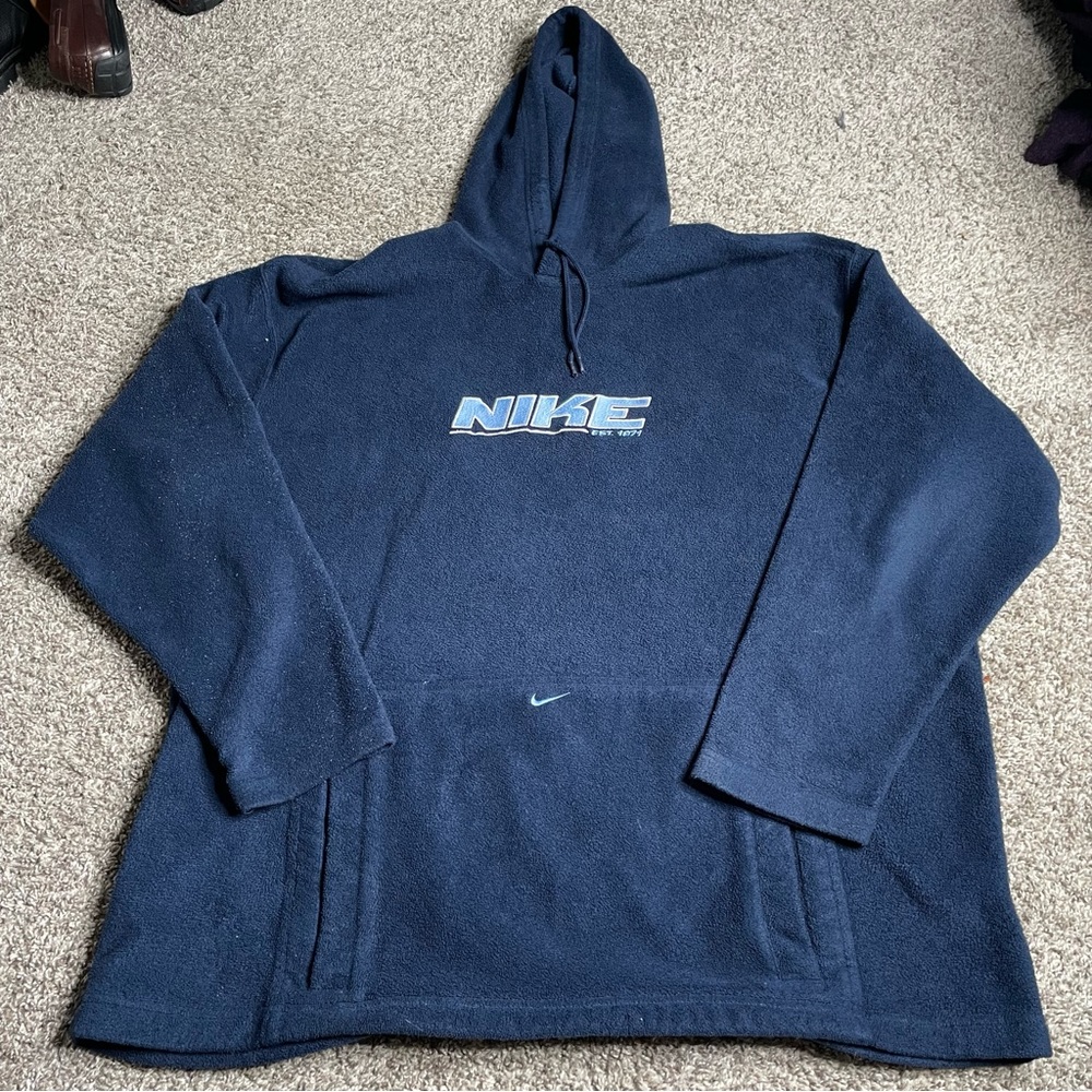 Vtg Nike Fleece Hoodie Mens 3XL Navy Blue Center Swoosh Sherpa Pullover Y2K